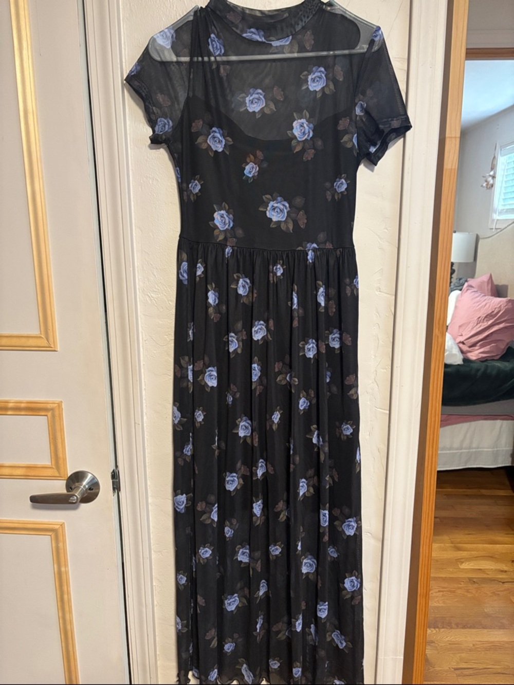 Amazon Black Maxi Dress with Blue Rose Print